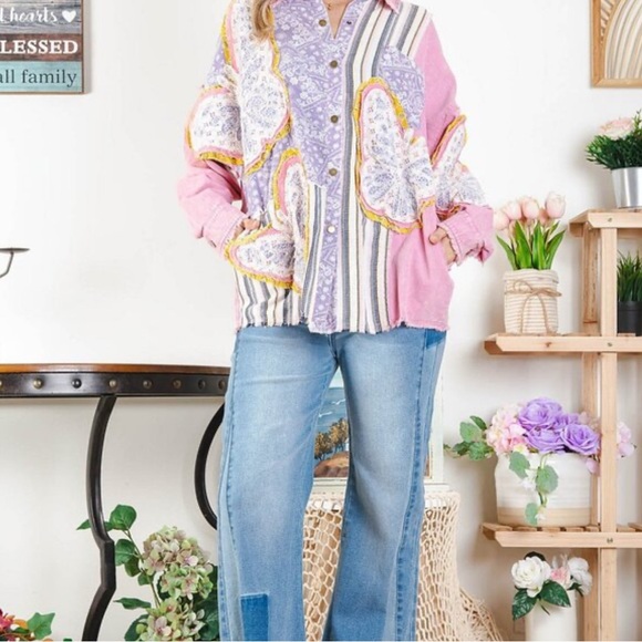 #365 BLUE VELVET PINK BUTTERFLY SHACKET - Picture 2 of 3